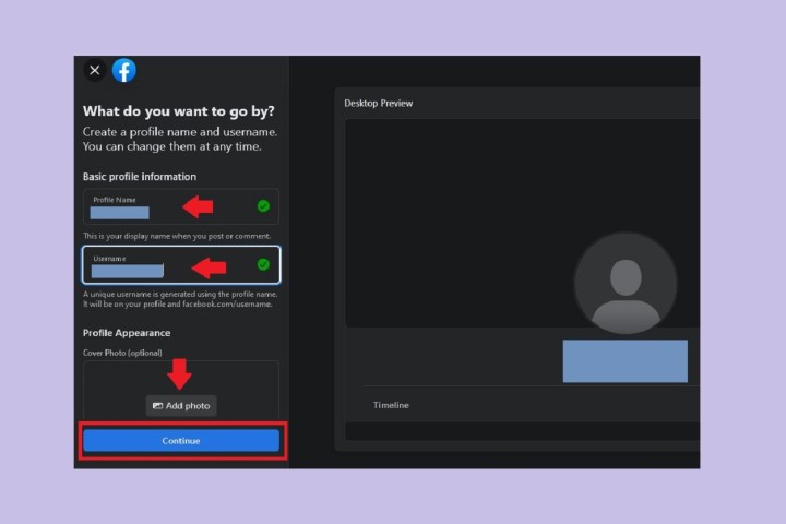 The Facebook profile creation screen on desktop web.