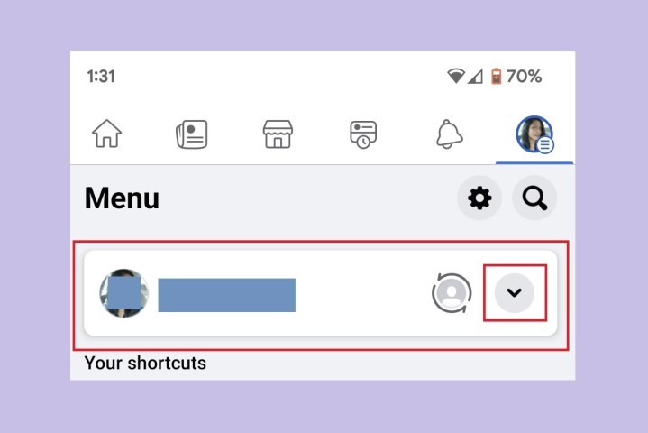 Selecting the Down Arrow icon on the Menu screen for Facebook mobile app for Android.