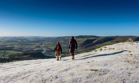 Two walkers and a dog on Ragleth Hill.