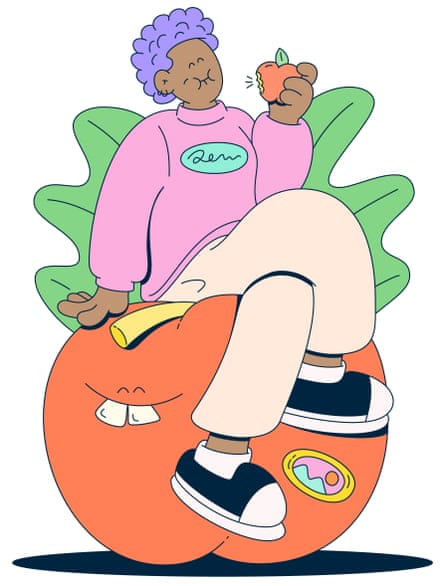 A multi-coloured illustration of someone sitting on a tomato eating an apple