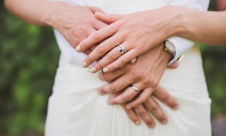 Bride and groom holding hands with wedding rings on their fingers