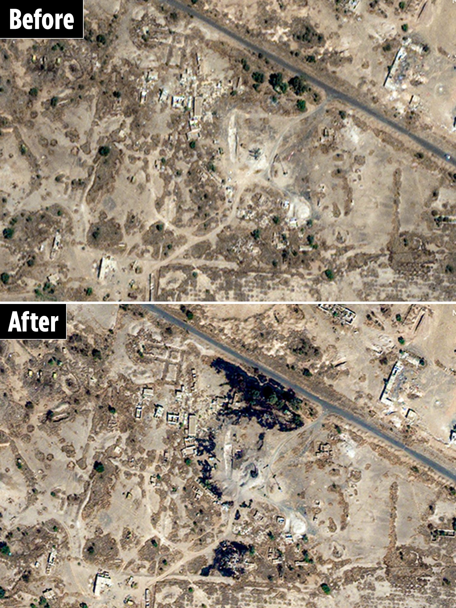 Pictures released showed a radar site near Yemen’s Sanaa International Airport before and after the attacks