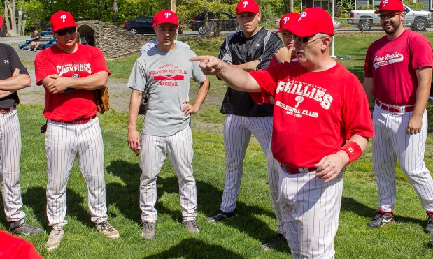 Lunenburg Phillies head coach Joe Ruth, second from right, speaks to his players before the start of a scrimmage against Ronnie's of Worcester on Sunday, May 17, 2015. (Sentinel & Enterprise File Photo)