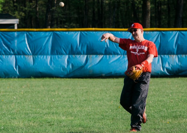 Joe Ruth warms up with the Lunenburg Phillies during practice at Marshall Park on May 18, 2017. (Sentinel & Enterprise File Photo)