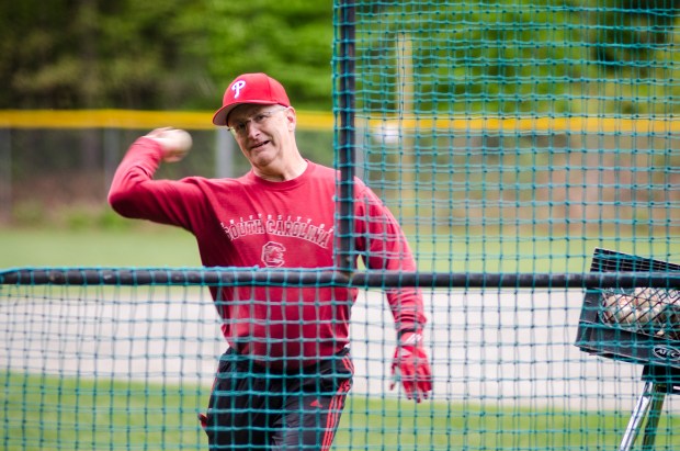 Lunenburg Phillies manager Joe Ruth throws batting practice during a May 25, 2016, practice. (Sentinel & Enterprise File Photo)