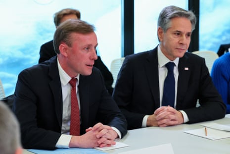 U.S. Secretary of State Antony Blinken looks on as U.S. National Security Advisor Jake Sullivan speaks, while they meet with Ukraine's President Volodymyr Zelenskiy.