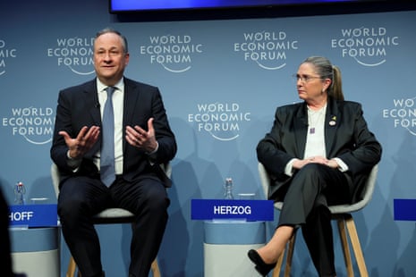 Doug Emhoff, husband of U.S. Vice President Kamala Harris, and Michal Herzog, wife of Israel's President Isaac Herzog, at the World Economic Forum today