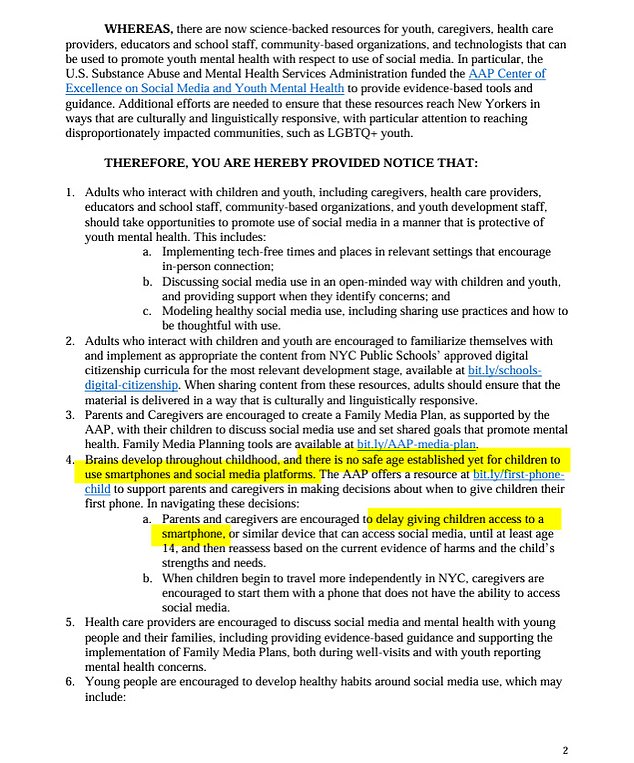 The above page from the advisory highlights advice to parents, including that there is no safe age at which children can start to use social media