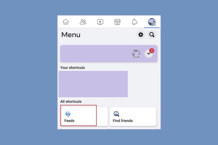 Selecting the Feeds option on the Menu screen on the Facebook mobile app for Android.