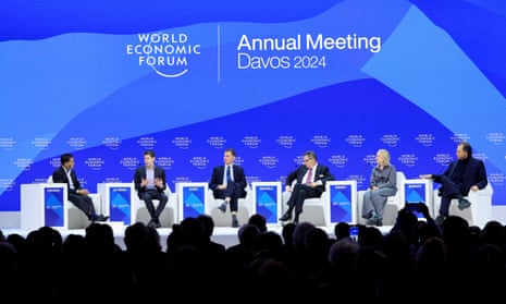 CEO of OpenAI Sam Altman, Chairman and CEO of Salesforce Marc R. Benioff, Chair and CEO of Accenture Julie Sweet, CEO of Pfizer Albert Bourla and British Chancellor of the Exchequer Jeremy Hunt at WEF today