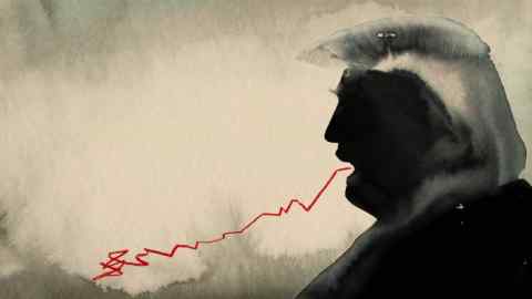 Ann Kiernan illustration of a silhouette of presidential candidate Donald Trump talking, with a red downward chart line coming out of his mouth