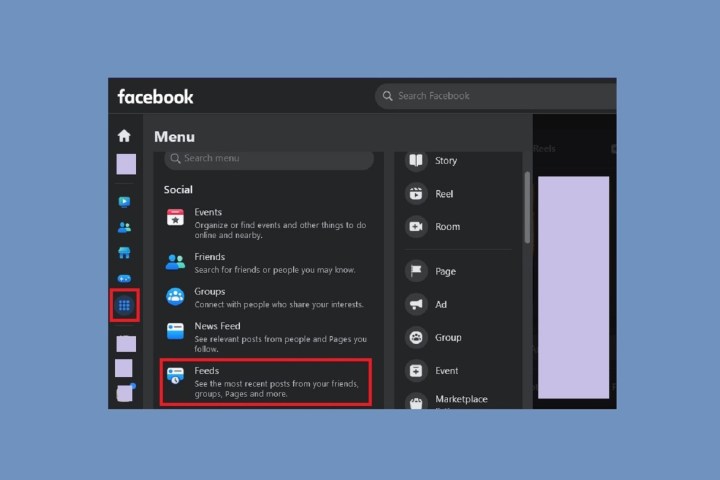 Selecting the Feeds option on the Facebook desktop website.