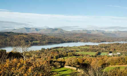 Panoramic view to Langdale, Scafell, and Wetherlam from Orrest Head.