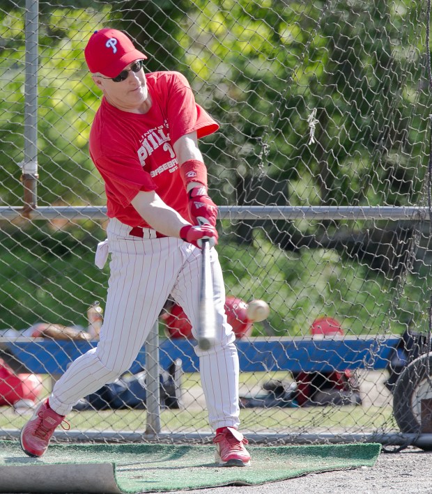 Lunenburg Phillies' Joe Ruth connects with a pitch during batting practice on May 17, 2015. (Sentinel & Enterprise File Photo)