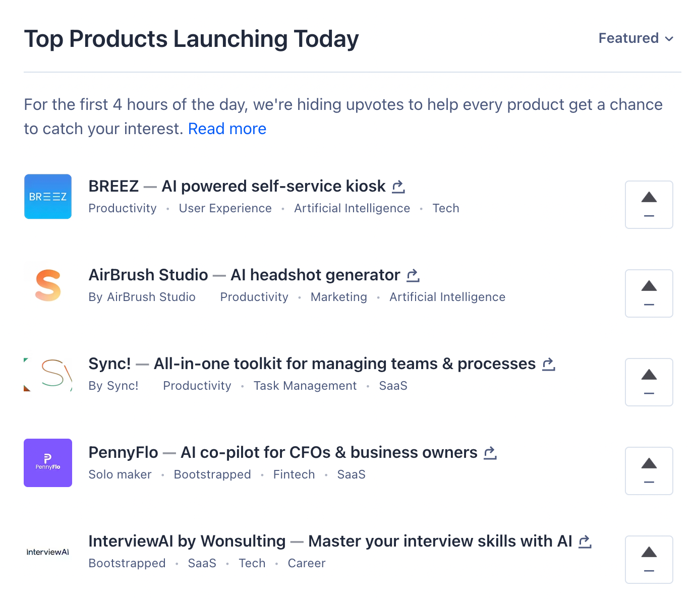 List of trending products from the Product Hunt homepage.