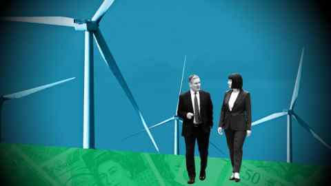 Montage of wind farms, Sir Keir Starmer and shadow chancellor Rachel Reeves