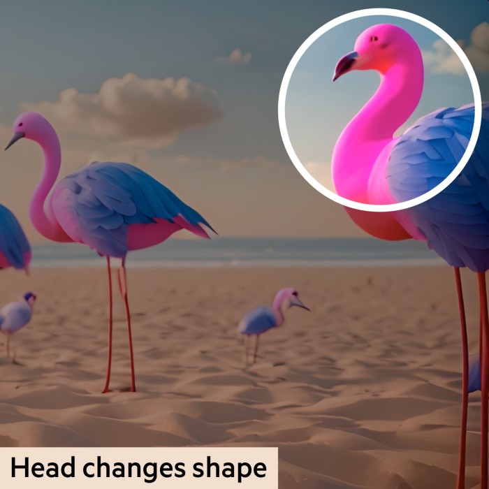 Stills from AI-generated video of flamingos by Runway