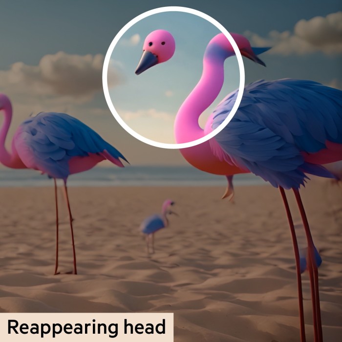 Stills from AI-generated video of flamingos by Runway
