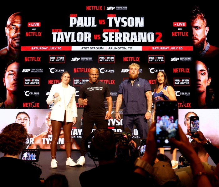 Boxers Katie Taylor, Mike Tyson, Logan Paul and Amanda Serrano during a press conference