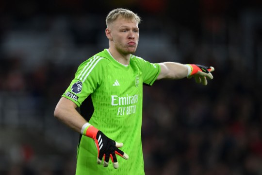 Aaron Ramsdale reacts during the Premier League match between Arsenal FC and Brentford FC