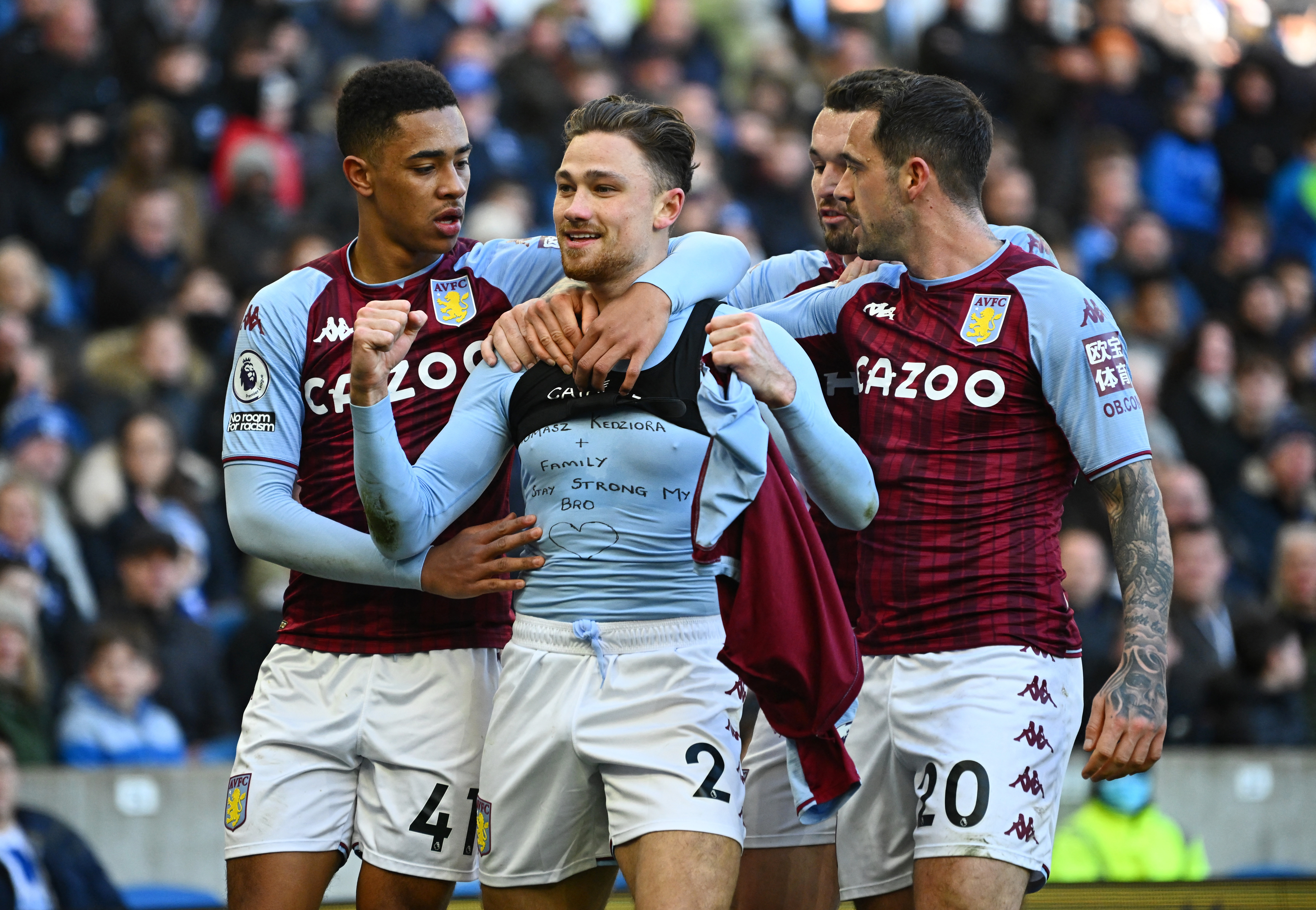 Aston Villa's Matty Cash celebrates scoring against Brighton in 2022 when Cazoo sponsored the West Midlands team