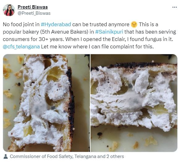 Hyderabad woman finds fungus in pastry bought from popular bakery.