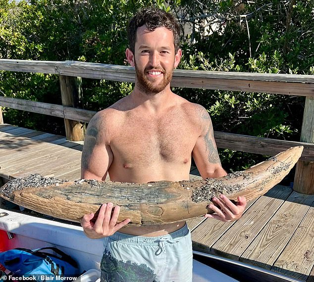 Alex Lundberg (pictured holding the mastodon tusk) said he hopes he can keep the fossil and was surprised it remained intact as he pulled it from the water