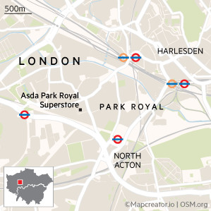 Map of Royal Park in London, marking the location of Asda superstore