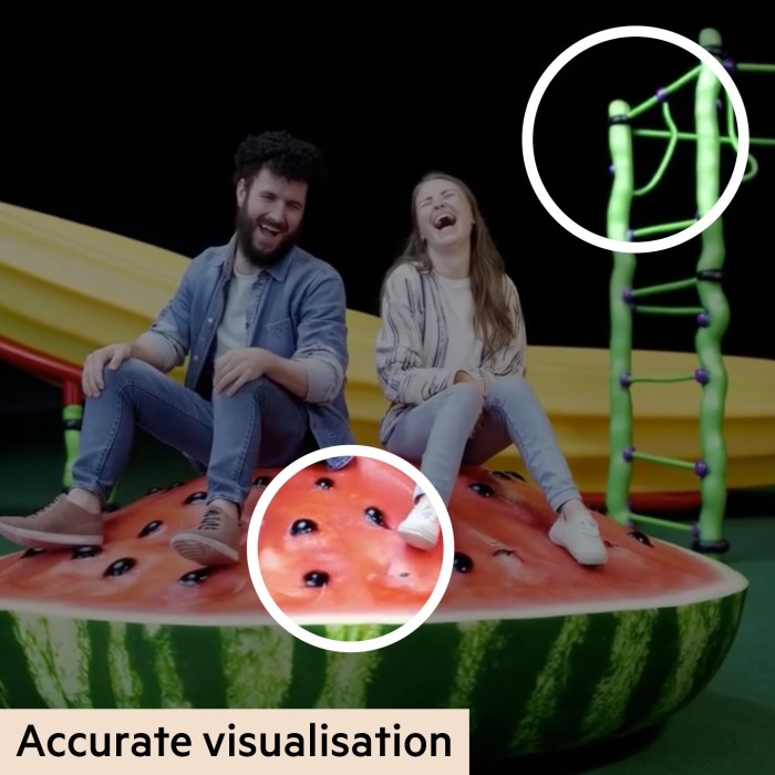 A screenshot of the AI-generated video created by OpenAI’s Sora displaying a couple on a watermelon roundabout, with a banana slide in the background and a runnerbean climbing frame