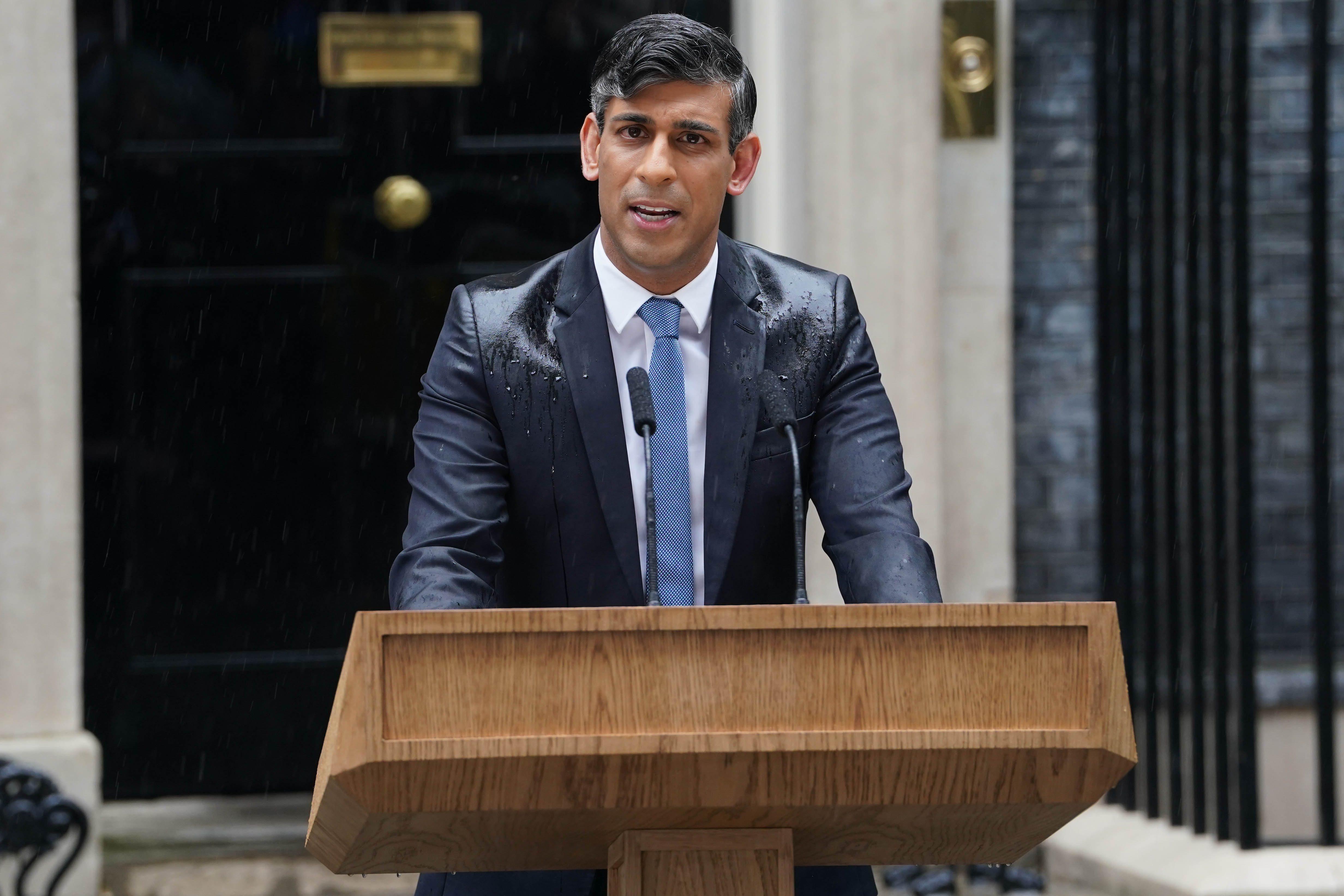 Prime Minister Rishi Sunak issues a statement outside 10 Downing Street