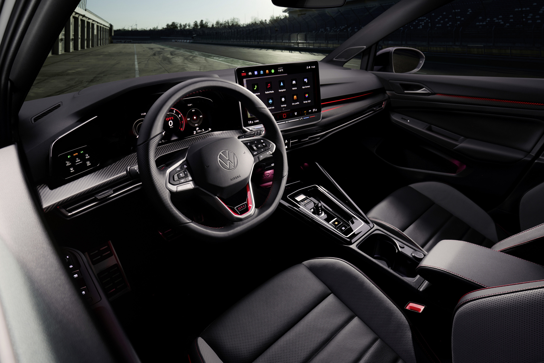 The GTI model has a newly developed multi function leather sports steering wheel