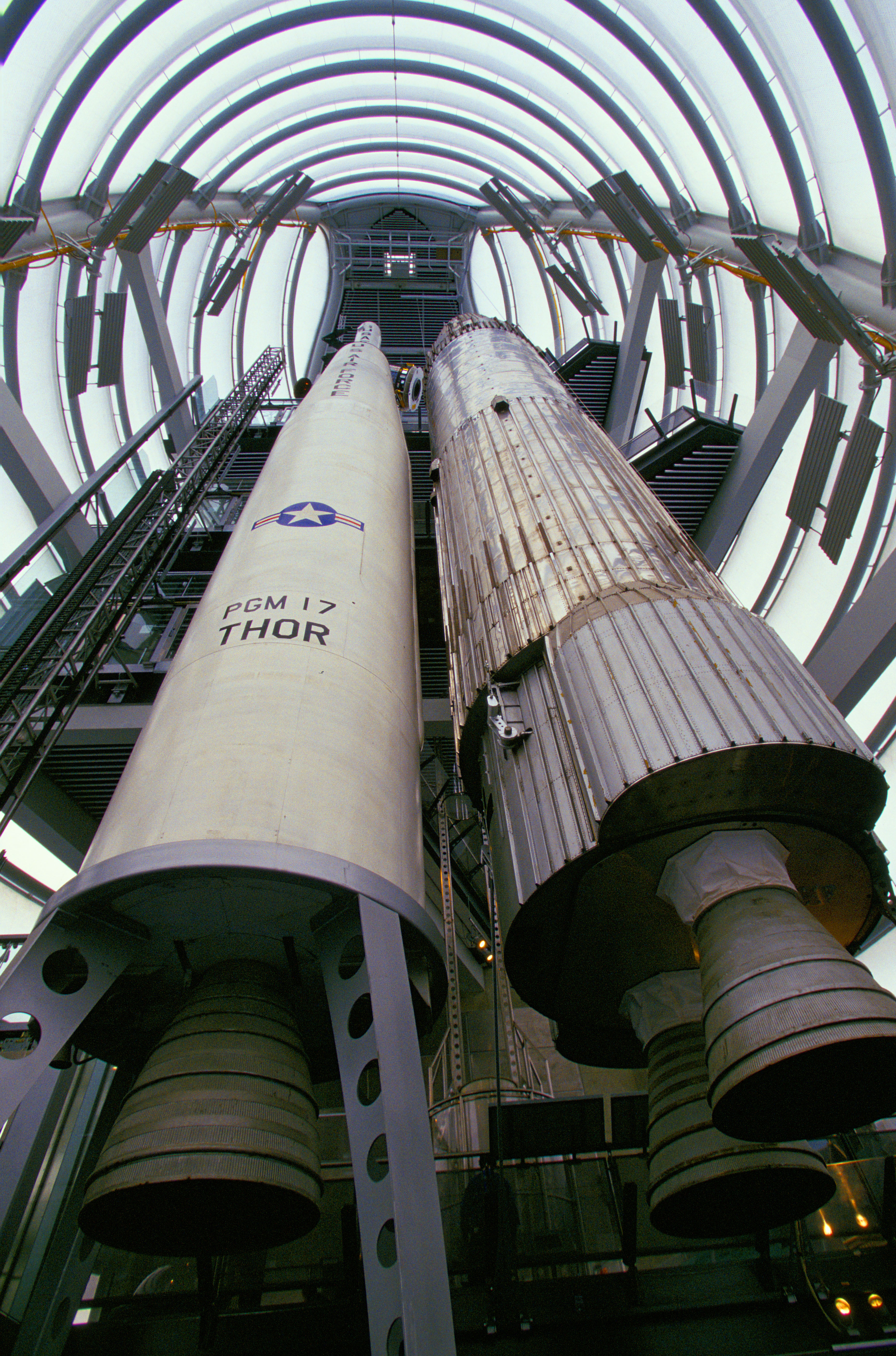 Two rockets from the 1970s at the National Space Centre in Leicester