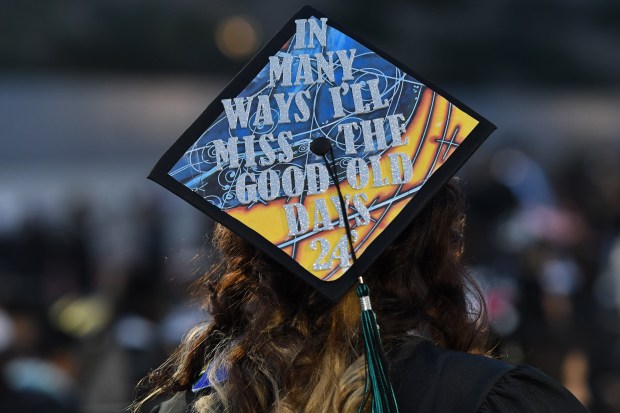 Perla Flores’ decorated cap during Canyon Springs High School commencement...