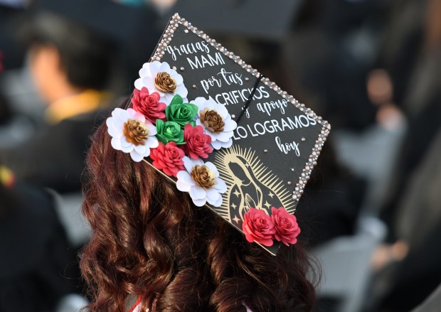 Melissa De La Torre’s decorated cap during Canyon Springs High...