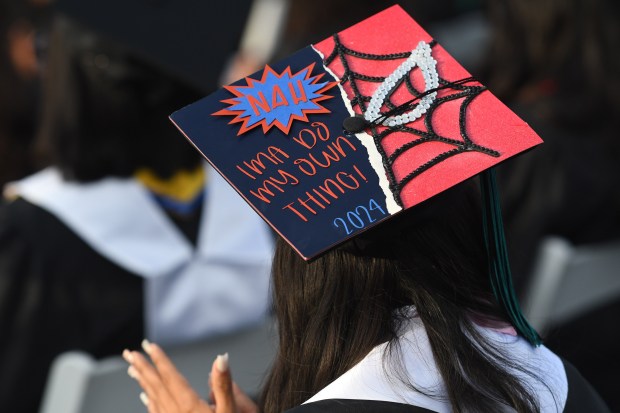 Alyah Godoy’s decorated cap during Canyon Springs High School commencement...