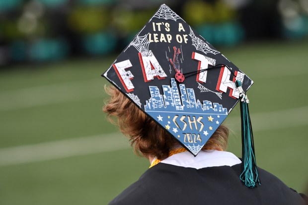 Shawn Ashley’s decorated cap during Canyon Springs High School commencement...