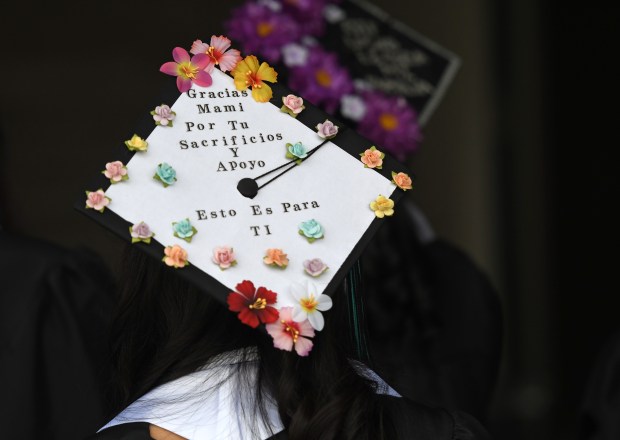 Julissa Nolasco’s decorated cap before the Canyon Springs High School...