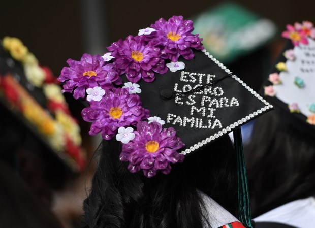 Brittney Mendez’ decorated cap before the Canyon Springs High School...