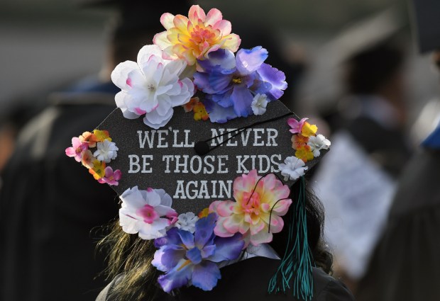 Samara Rojas’ decorated cap during the Canyon Springs High School...