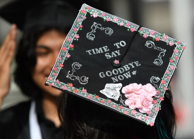 Angelina Astorga’s decorated cap before the Canyon Springs High School...