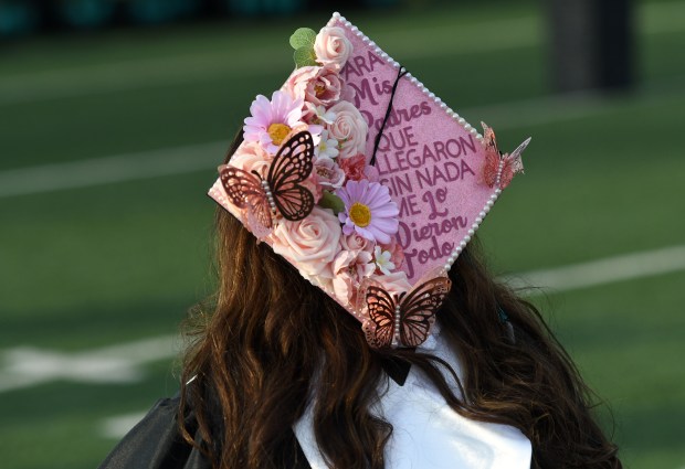 Denyse Aguilar’s decorated cap during the Canyon Springs High School...