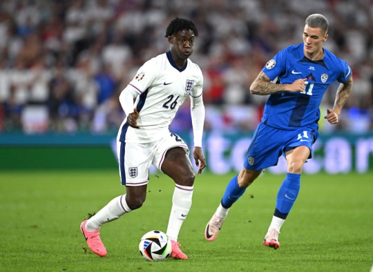 Kobbie Mainoo of England in action during the UEFA EURO 2024 group stage match between England and Slovenia at Cologne Stadium 