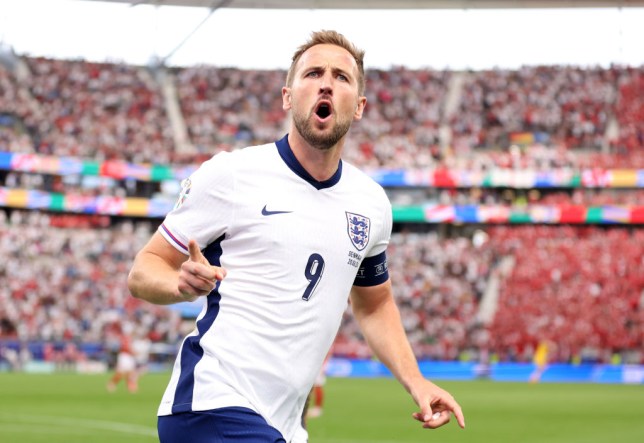 Harry Kane of England celebrates after scoring a goal against Denmark at Euro 2024