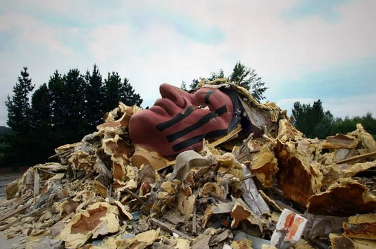 A giant native head was seen sitting on top of a pile of rubble after it was demolished