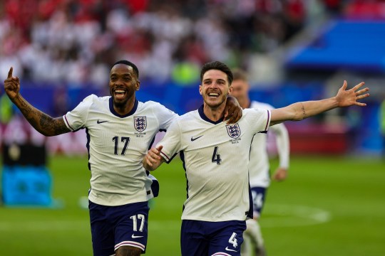 Declan Rice celebrates England's win over Switzerland with Ivan Toneyland v Switzerland, Euro 2024., Quarter Final - 06 Jul 2024