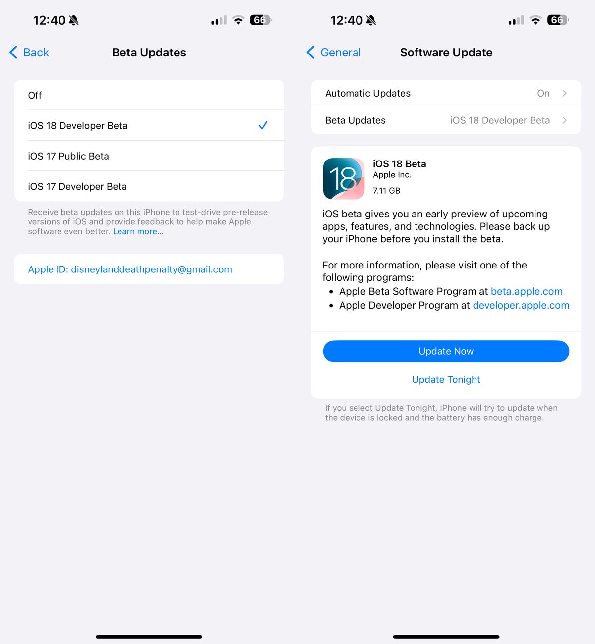 iOS 18 developer update on iPhone