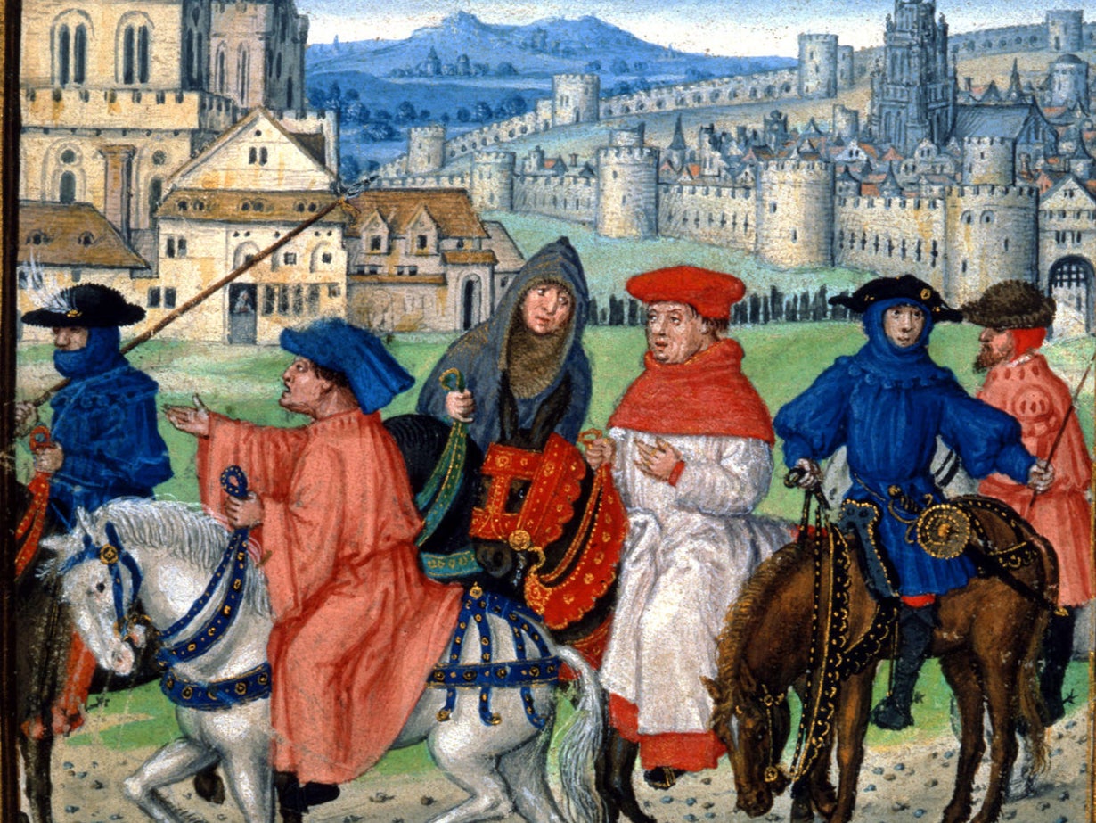 A late medieval image of a group of pilgrims who had just visited the shrine of St Thomas Becket in Canterbury Cathedral. The walled city of Canterbury and it's great cathedral is portrayed in the background