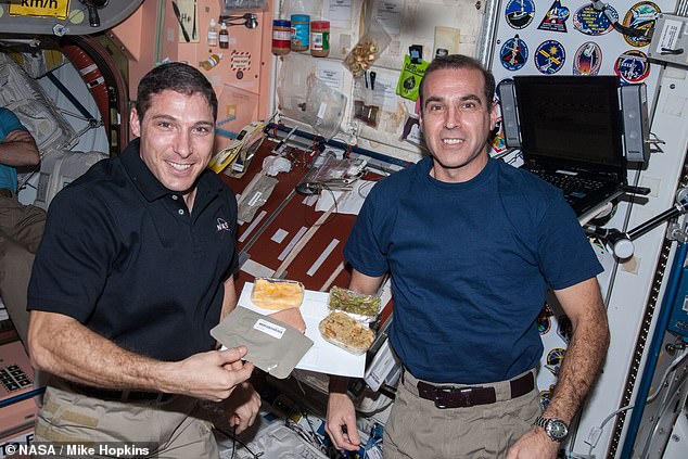 With sufficient protection while inside a moon base, humans inside would be able to take off their spacesuit and walk around in normal clothing, similar to personnel on the ISS now. Pictured, astronauts Michael Hopkins (left) and Rick Mastracchio (right) on the ISS in 2013