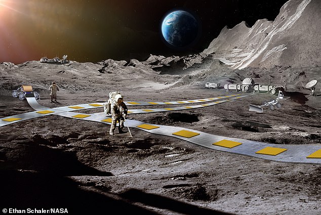 NASA wants to build a Scalextric-style railway on the moon which uses floating robots to carry materials along a flexible track (artist's depiction, pictured)