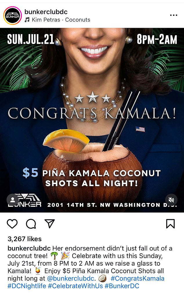 A Washington bar started offering $5 'Pina Kamala' coconut shots all night after Joe Biden stood down from the presidential race on Sunday